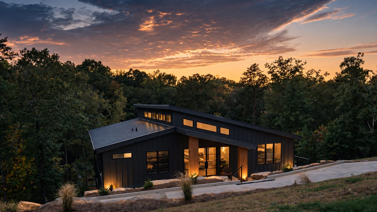 The finished house at dusk, lit from inside